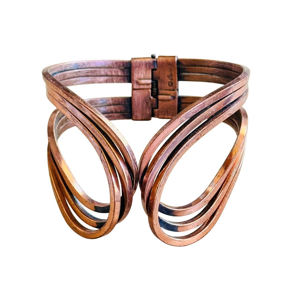 VTG Renoir Rhythm Hinged Cuff Bracelet Statement Copper Modernist Retro MCM 60s